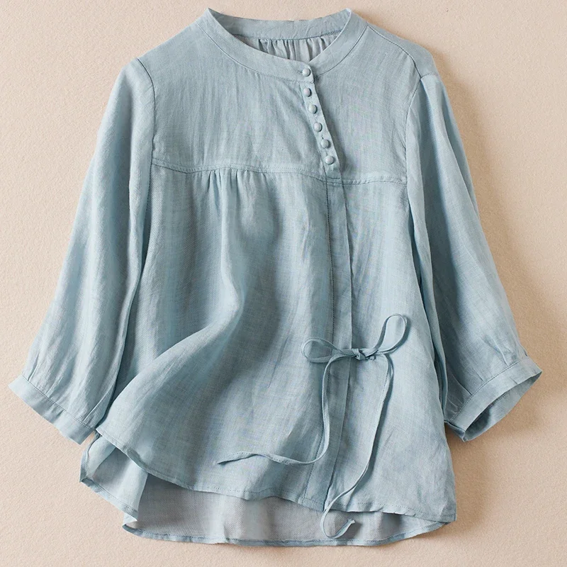 Irregular round neck seven-minute sleeve shirt 2024 spring and summer new literary temperament loose large size casual blouse