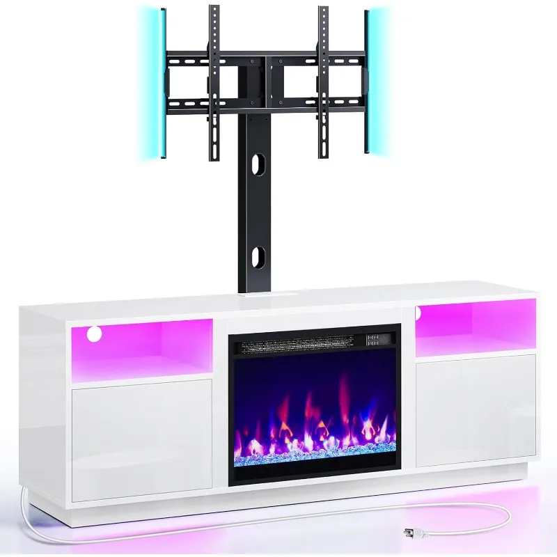 

Fireplace TV Stand with Led Lights and Power Outlets, Entertainment Center with Electric Fireplace, Swivel TV Stand Mount for