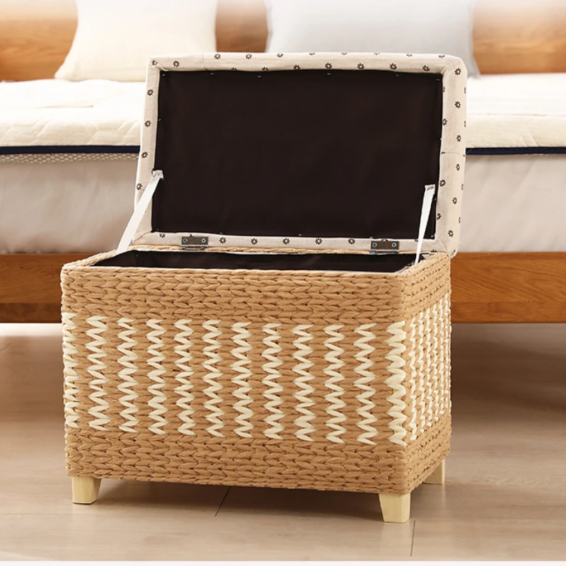 Wooden Rattan Storage Stool Large-Capacity Entryway Organizer Sturdy Shoe Bench Multi-Purpose Sofa Storage Ottoman