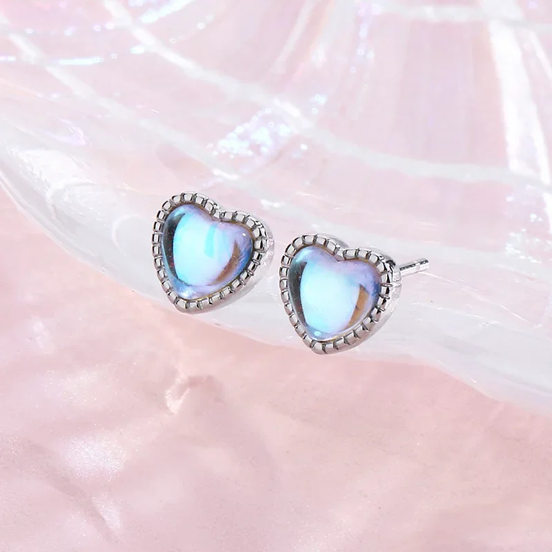 Sweet Moonstone Love Heart Earrings for Women Girl Cute Stud Earring Korean Fashion Silver Color Trendy Jewelry Gift