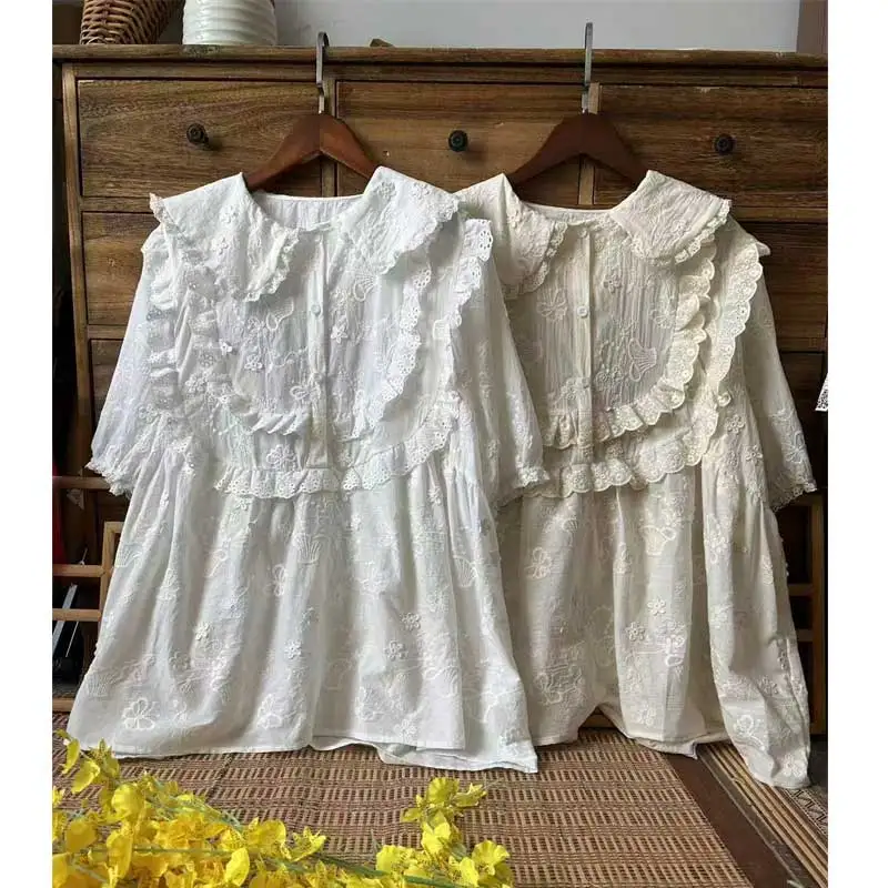 

Summer Japanese Sweet Mori Girl Solid Color Embroidery Cotton Shirts Women Kawaii Peter Pan Collar Short Sleeve Casual Blouse