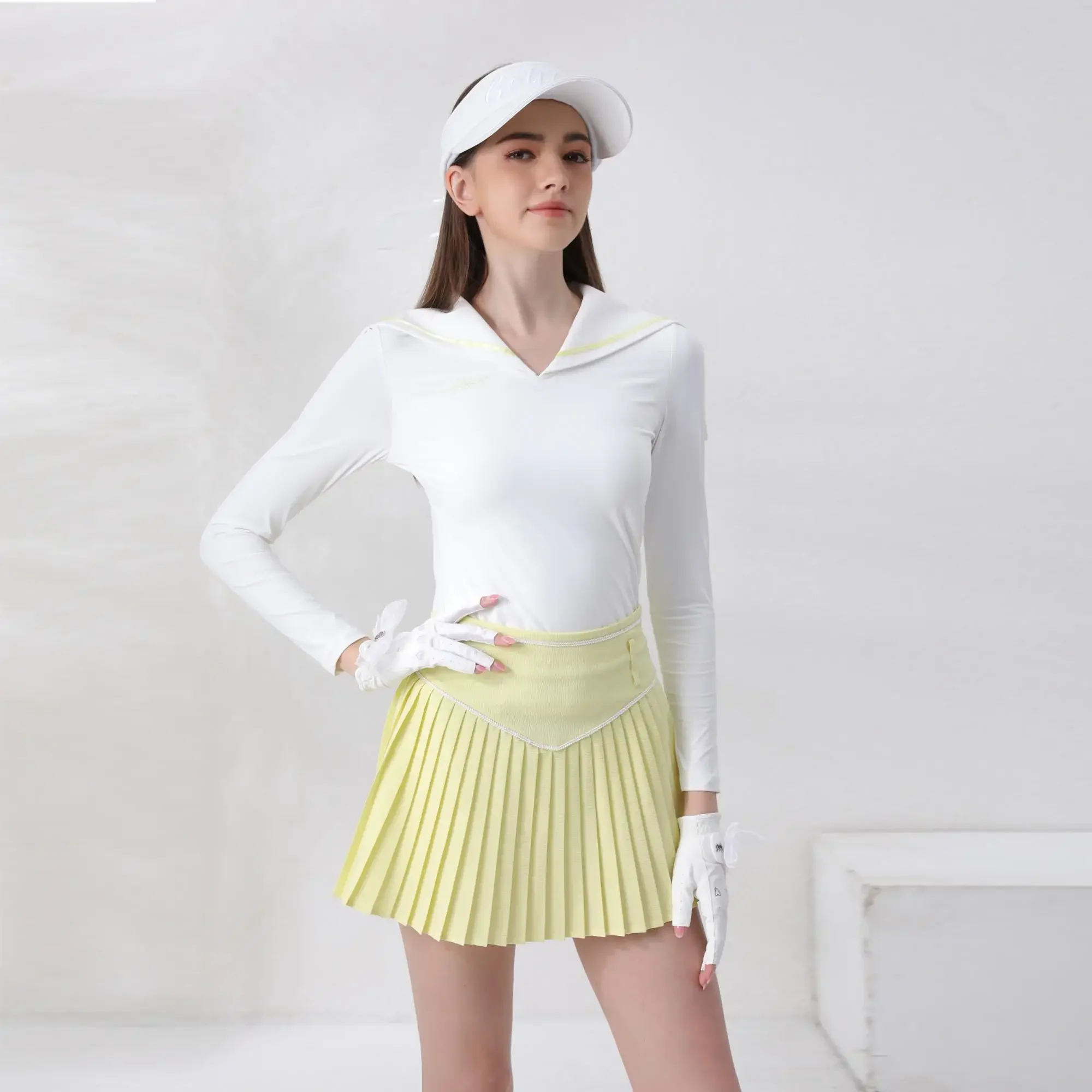 Golfist Shawl Collar Golf Shirts Long Sleeve Letter Printed Top Ladies Golf Pleated Skirt Sports Breathable A-lined Skort Outfit