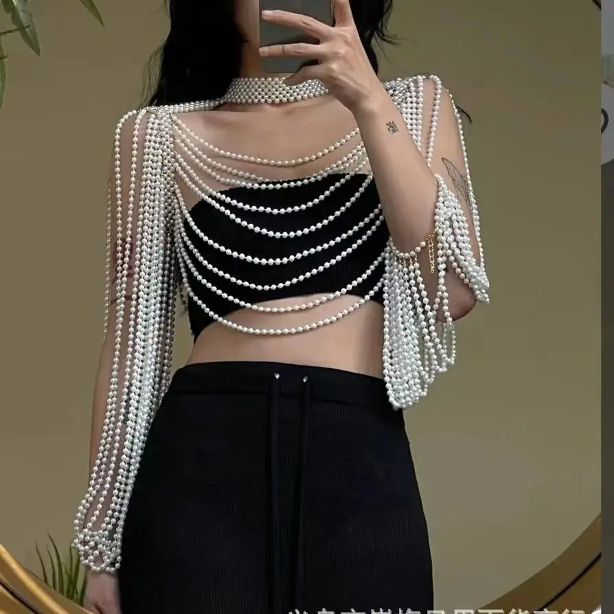 2024  XFSPARKLE Accessories New sexy handmade pearl fringe body chain retro bodice