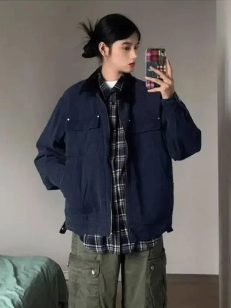 

Midnight Blue Vintage Detroit Work Jacket Women Men Heavy-Duty American Retro Utility Bomber Coat Unisex Chic Outerwear