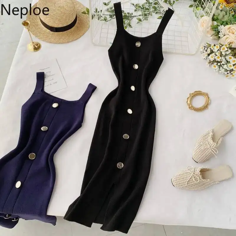 BabYoung Square Collar Single Breasted Knitted Dress Women Solid Sleeveless Split Camis Vestido High Waist Bodycon Dresses 80852