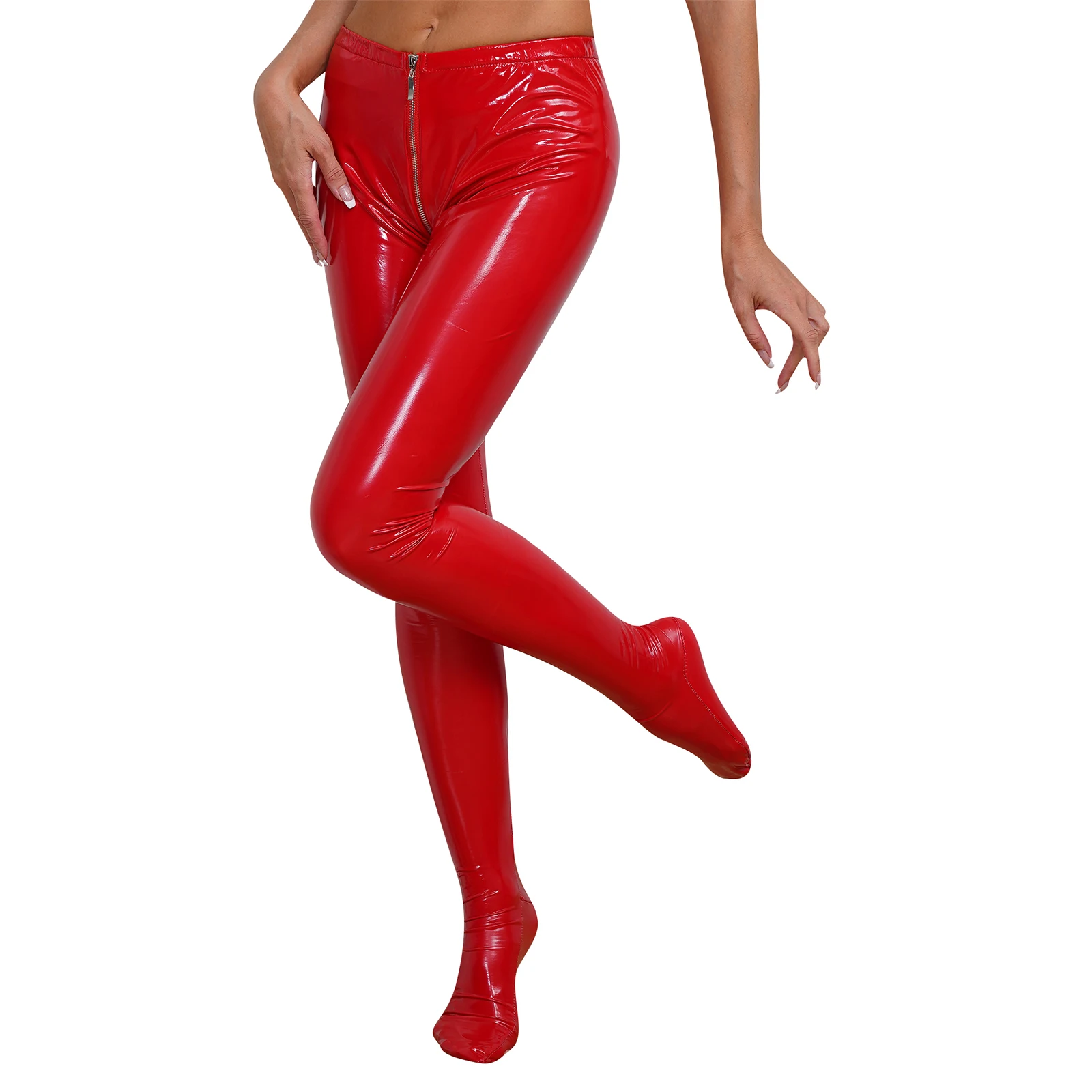 Women's Sexy Patent Leather Leggings Pants Open Crotch Tights Zippered Wetlook Erotic Pantyhose Clubwear Pole Dancing Nightclub