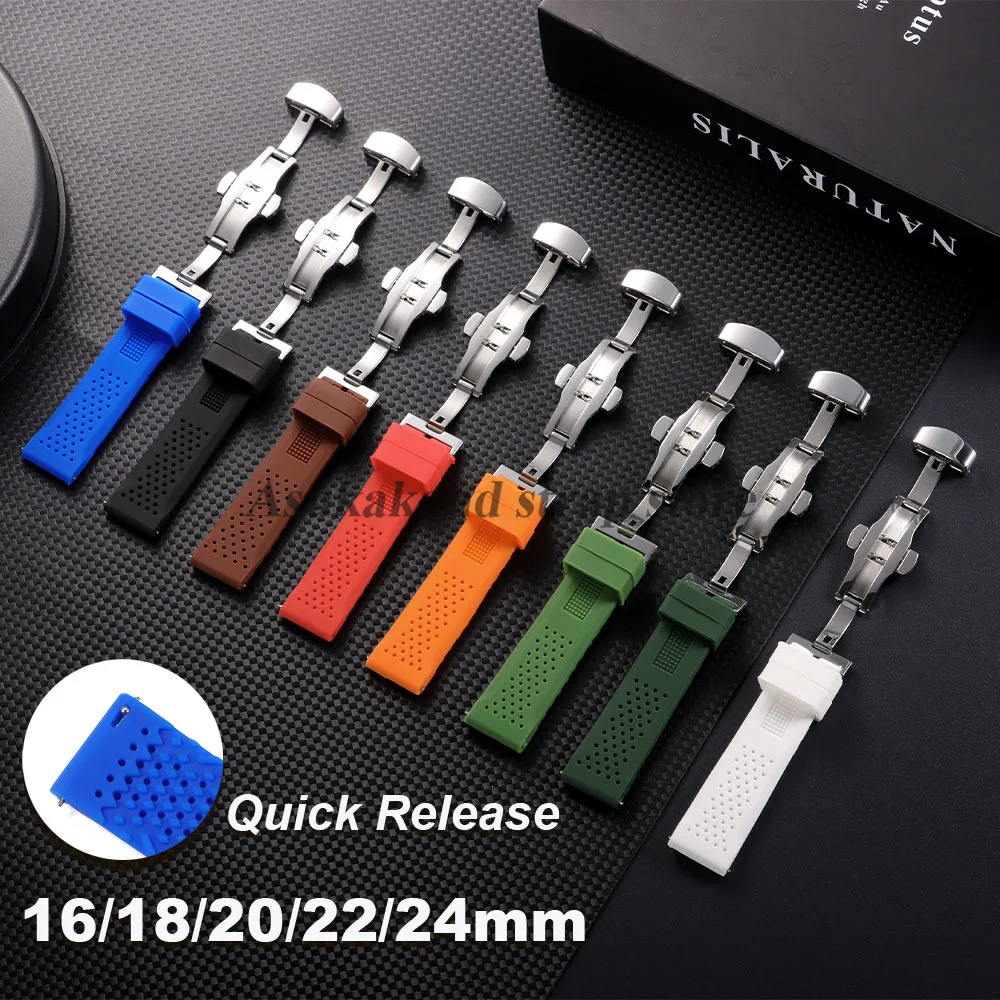 

16mm 18mm 20mm 22mm 24mm Breathable Silicone Watch Strap for Seiko for Omega Strap Quick Release Butterfly Buckle Women Men Band