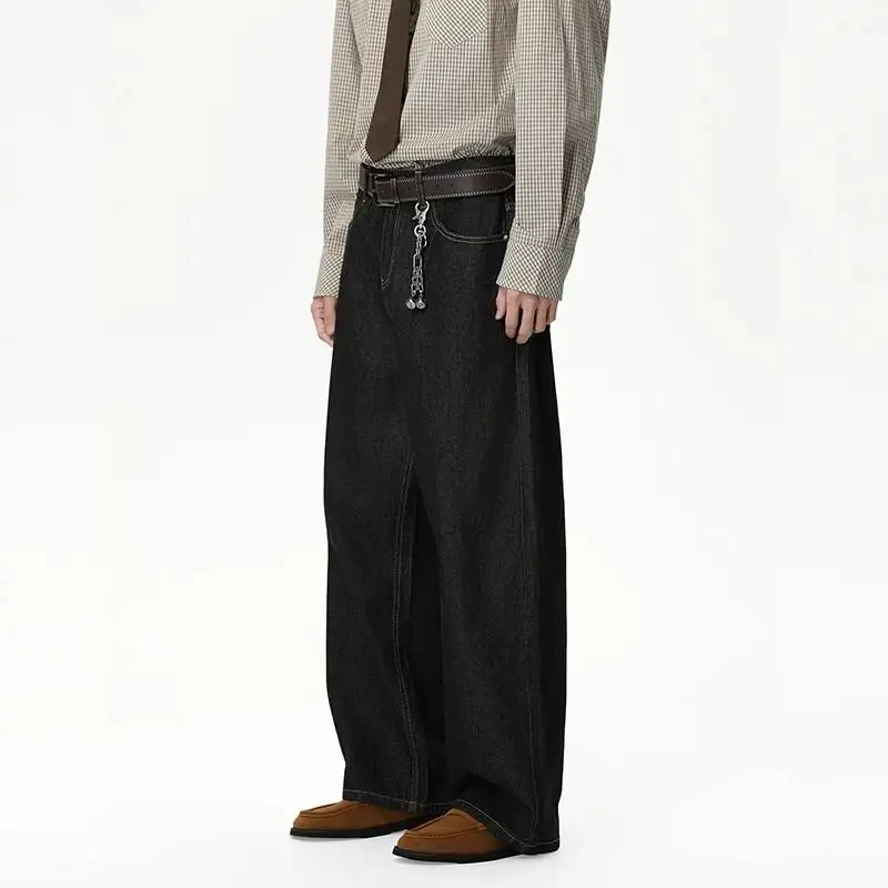 High Street Men's Denim Pants Solid Color Casual Drape Trousers Straight Wide Leg All-match Loose Male Jeans Simple 9XE1TZ