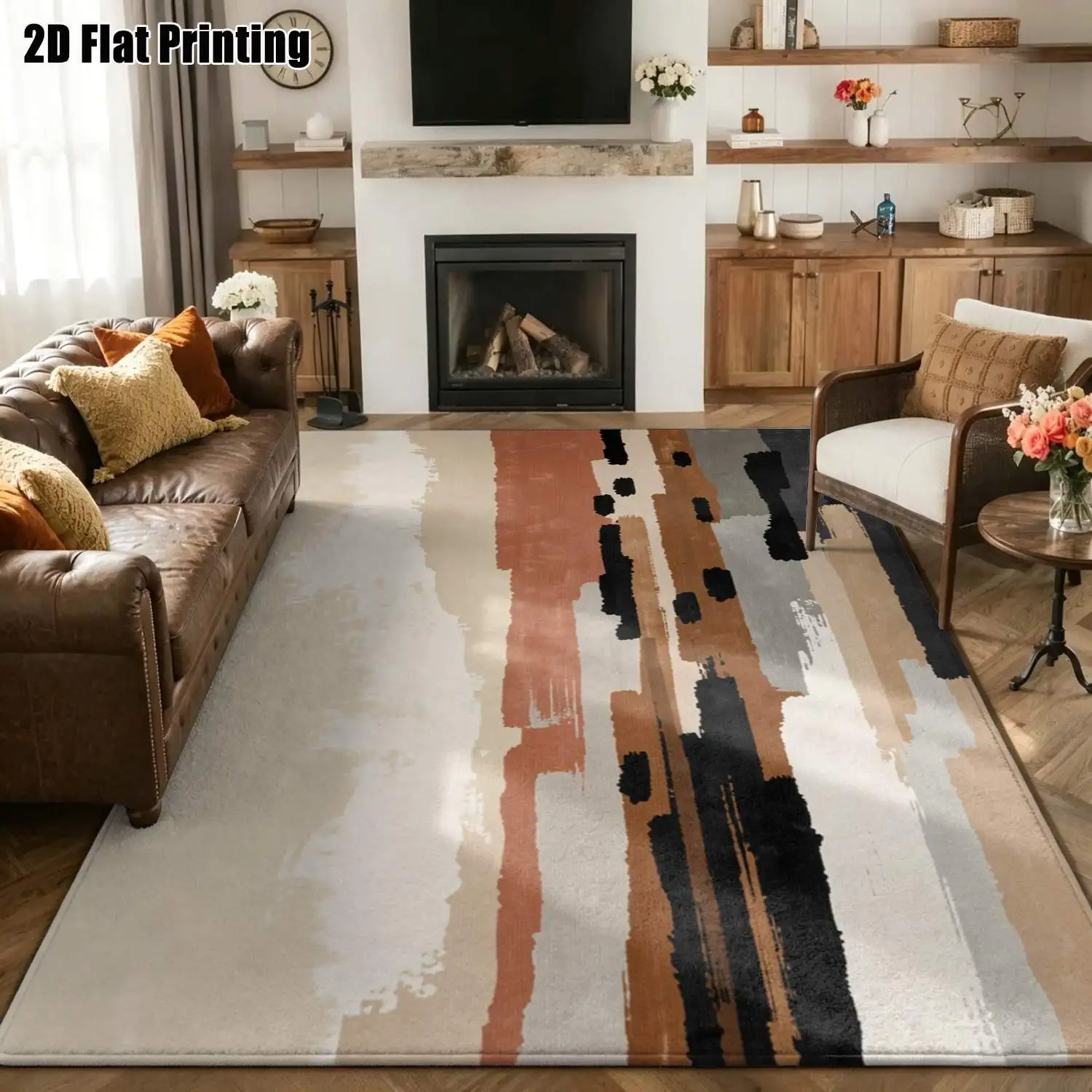 1Pc 2D Printed Carpet: Beige-Brown & Black Abstract Geometric Nordic/Instagram/Modern Minimalist/Vintage Floor Mat, Machine Washable, Multi-Size, Ideal for Home Decor Such as Entryway, Dining Room, Foyer, Living Room, Bedroom