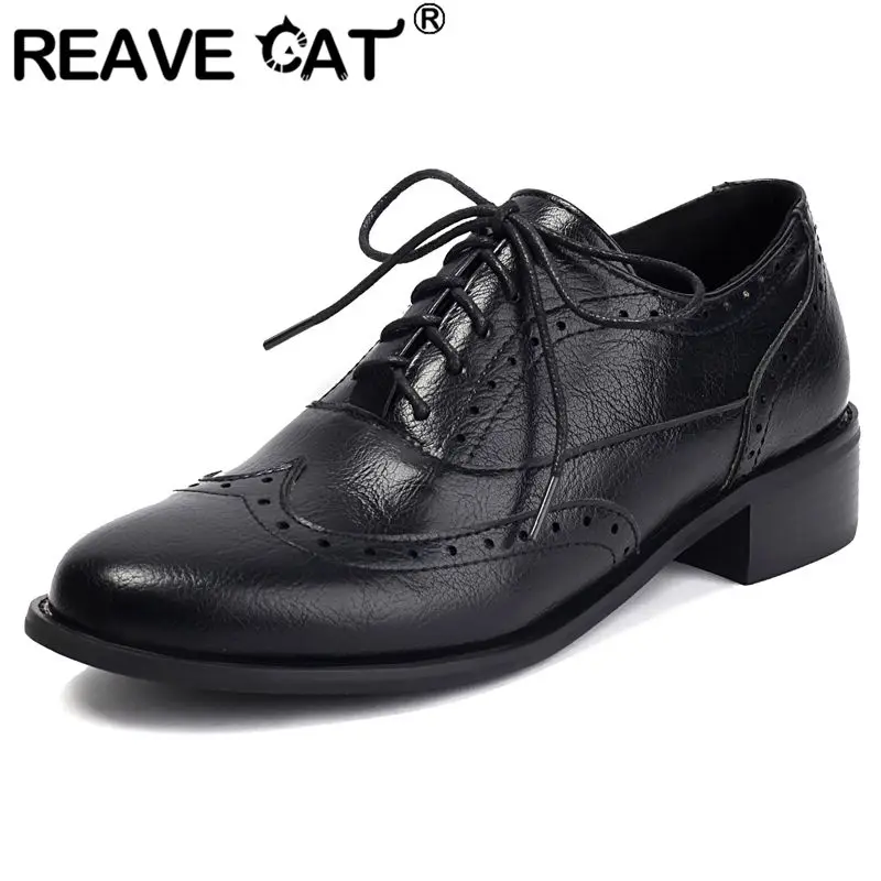 

REAVE CAT Luxury Leisure Daily Female Pumps Round Toe Block Heels 3.5cm Lace Up Large Size 45 46 47 48 Office Lady Shoes Spring
