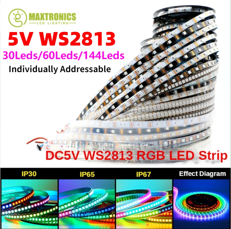 

DC5V WS2813 LED Strip RGB Full Color Individually Addressable Single Control Breakpoint Resume 30/60/144Pixels/Leds/M Tape Light