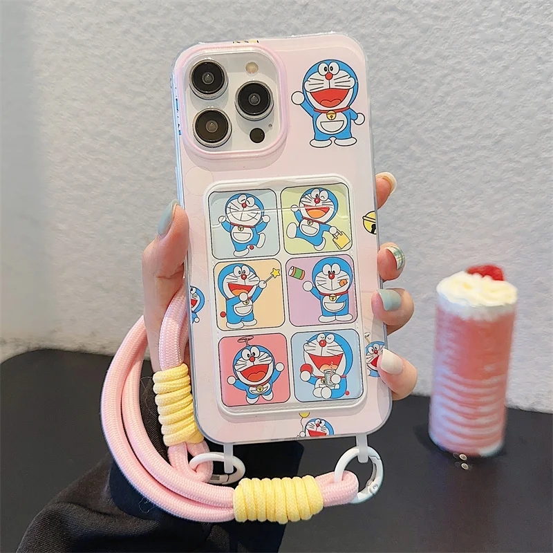 3D Anime Cartoon Cute D-Doraemon Wallet Card Bag Bracelete Lanyard Soft Phone Cover For iPhone 13 12 1114 15 Pro Max Lovely Case