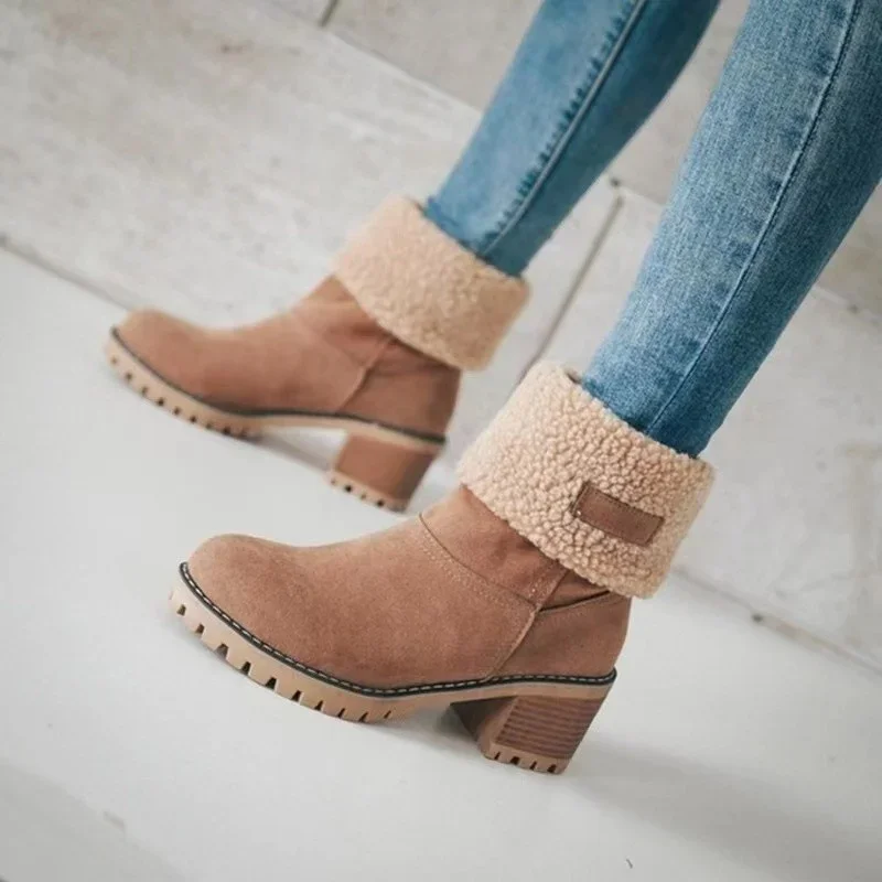 Autumn and Winter Fashion New Casual Comfortable Plus Velvet Warm Square Heel Round Toe Solid Color Women's  Ankle Boots