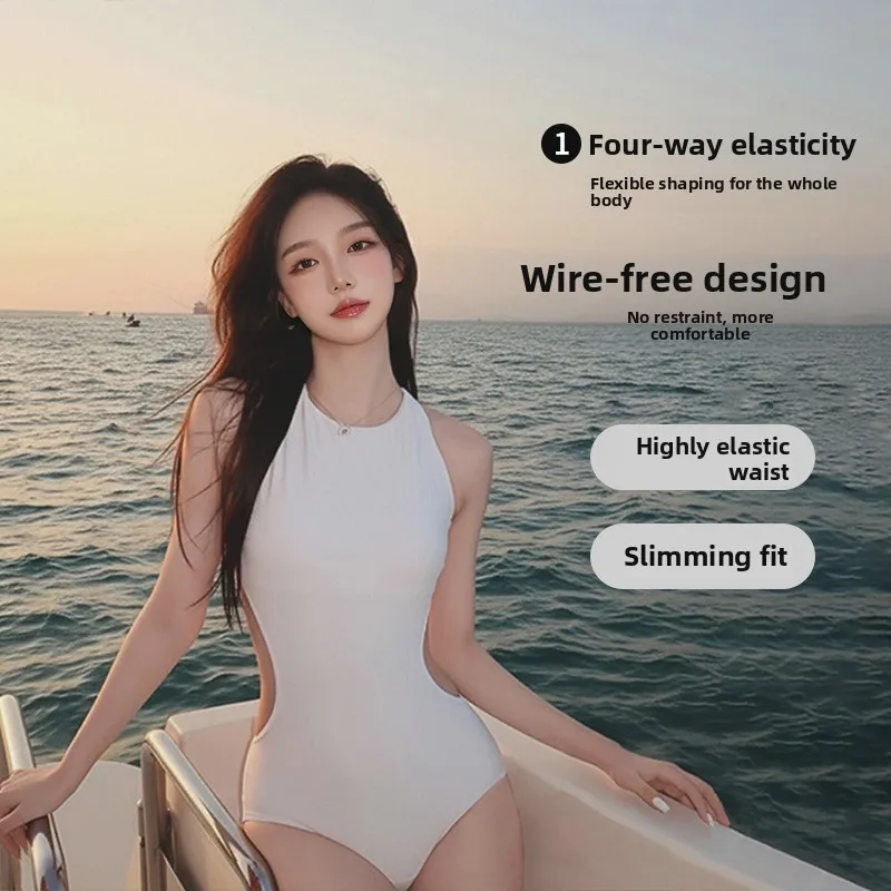 Women's One-Piece Swimsuit Korean Style High Elasticity Quick Dry Slimming Pure Desire Beach Thermal Spa Swimming Costume