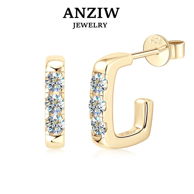 Anziw Versatile C shape Open Earrings Stud 925 Silver Piercing Earring 0.1ct Moissanite for Women Certified Jewelry Girls Gift