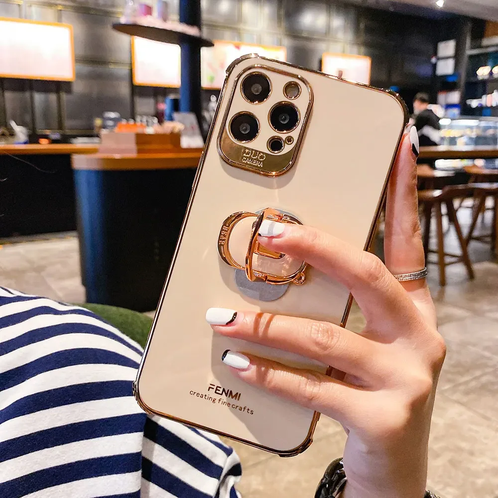 Boucho Luxury electroplating phone case for iphone 14 Plus 13 12 Pro MAX 11Pro XS XR X SE 6 7 8 plus Phone Holder Ring Grip Case