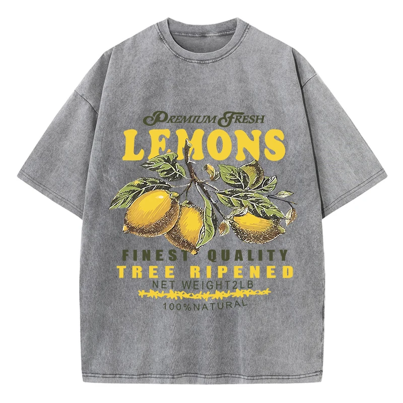 

Premium Fresh Lemons Printing Washed T-Shirts Women Cotton T Shirts O-Neck Oversized Acid Wash Tops Summer Casual Woman Clothes