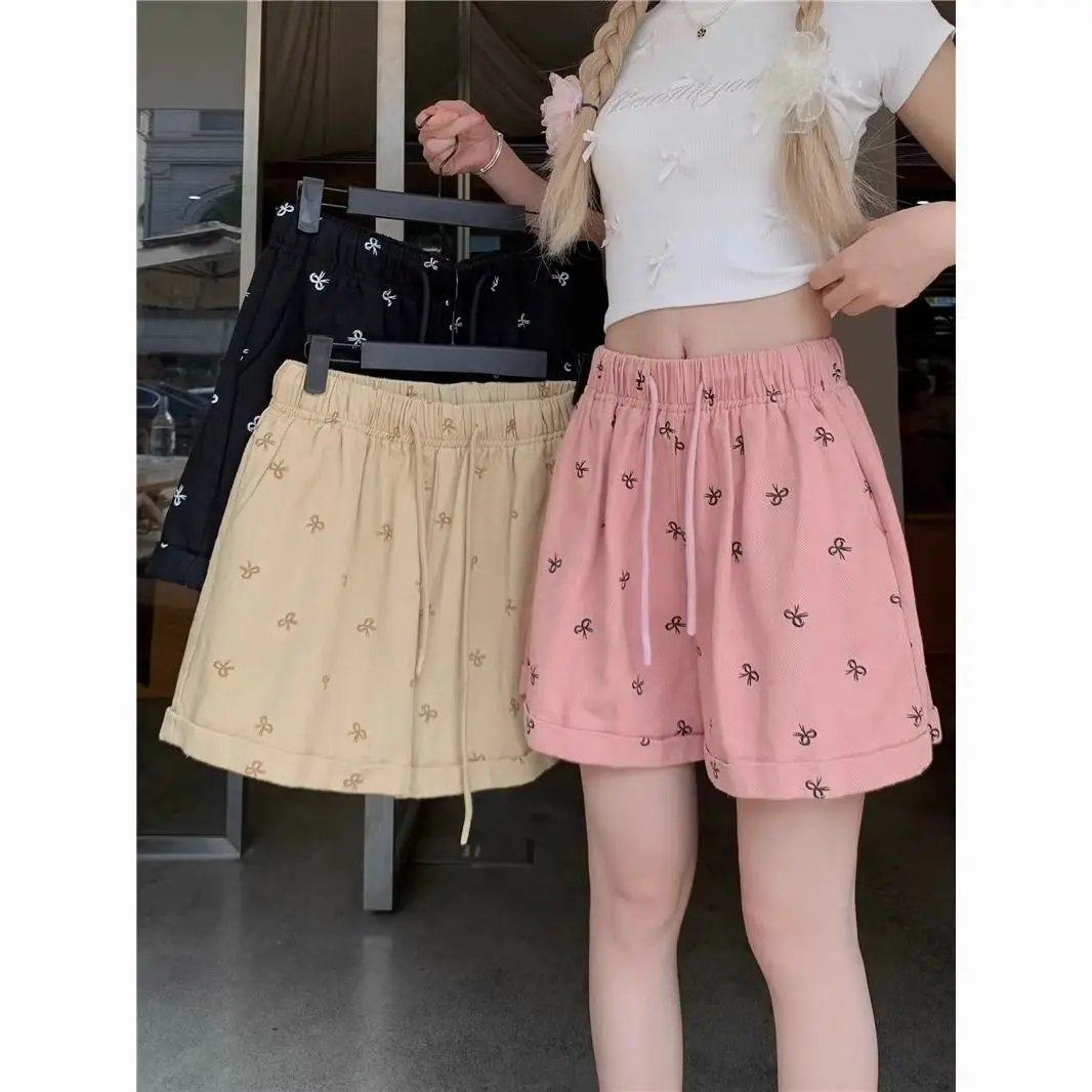 素敵な夏の女性服ワイドレッグパンツファム韓国甘い印刷ハイウエストバッファリーショーツ新しいカジュアル 5 クォーター P