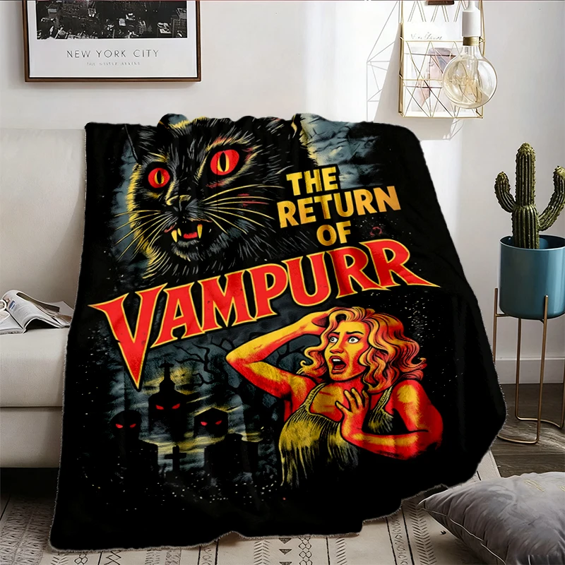  The Return Of Vampurr Flannel Blanket, Retro B Movie Poster Flannel Throw, Funny Vampire Cat Graphic Cozy