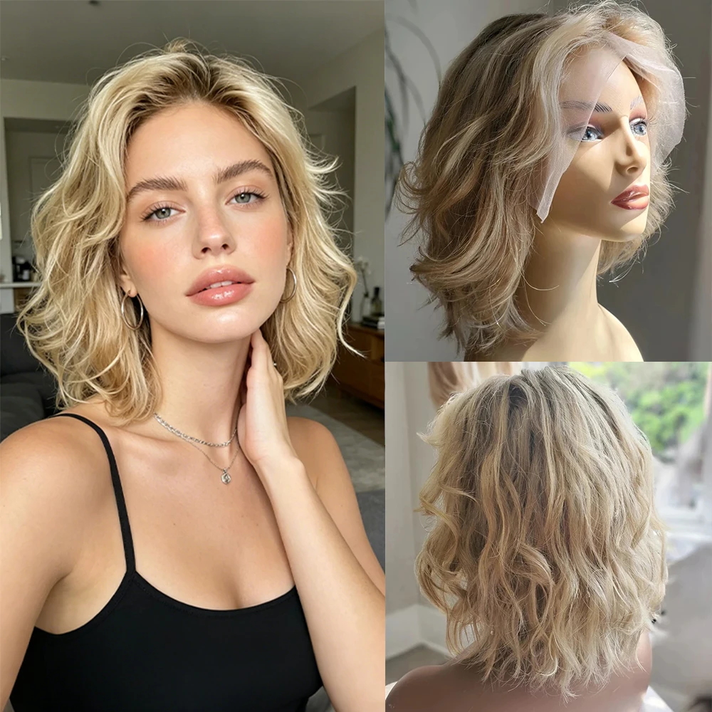 

5% Human Hair Mixed Wig Short Wavy Bob Wig for Women Blonde Highlights Glueless HD 13X4 Lace Front Wig Pre Plucked Middle Part