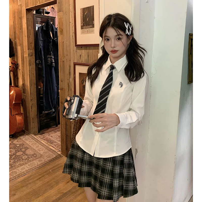 JK Shirt White Uniform Long Sleeve High Waist College Style Slim Fit Top Embroidered Shirt White Shirt Women