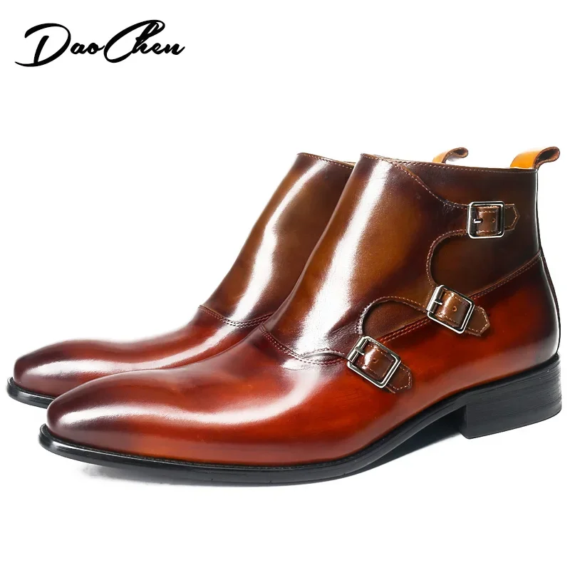 Luxury Men Ankle Boots Shoes Black Mixed Colors Zipper Three Double Buckle Strap Genuine Leather Casual Dress Boots Men