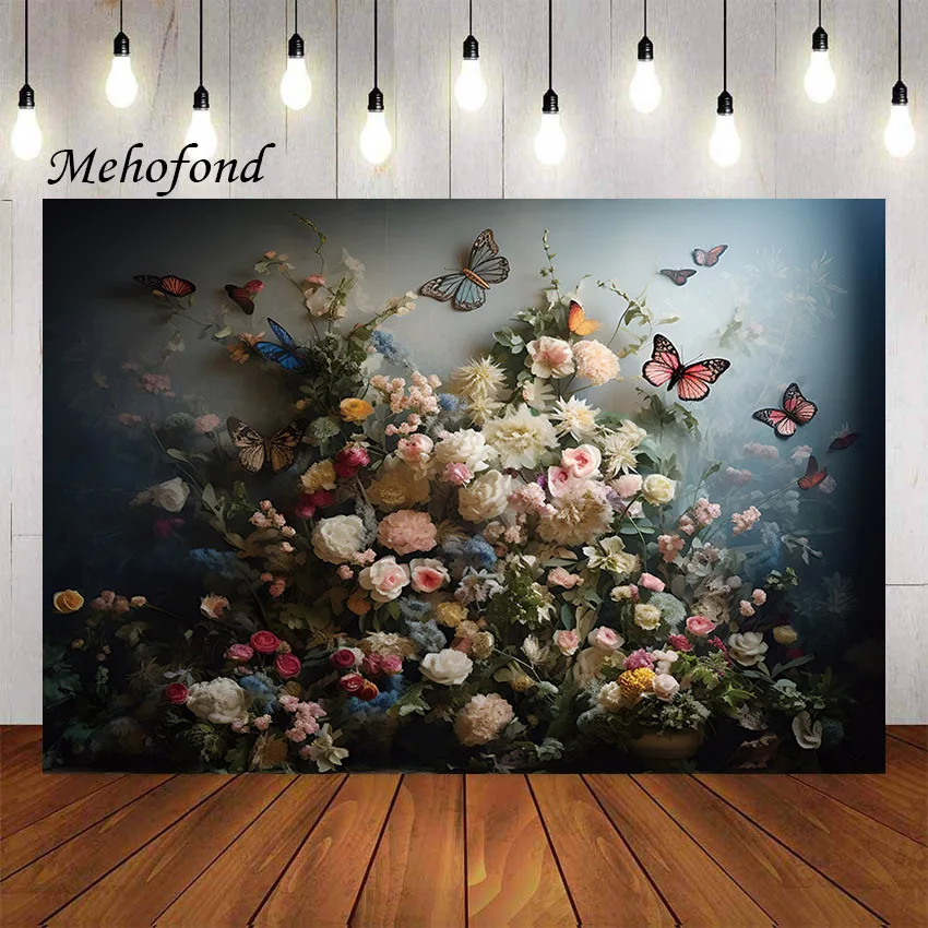 Mehofond التصوير خلفية Vintage الملمس جدار فراشة الوردي الزهور الفتيات عيد ميلاد صورة ديكور خلفية استوديو الصور