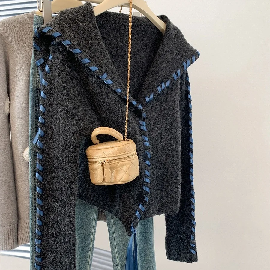 

Dark Gray Navy Collar Thick Sweater Cardigan Jacket for Women Autumn and Winter 2025 New Design Sense Short Knit Sweater