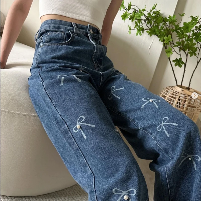 90s Vintage Beaded Printed Jeans Women 2024 Fashion High Waist Straight Denim Pants Female Casual Trouers Y2K Baggy Jeans