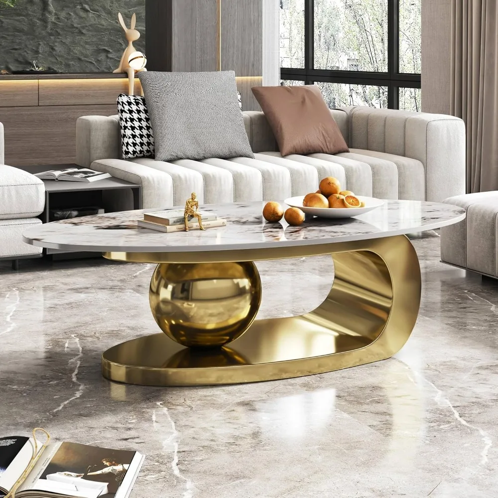 

51.2 Oval Coffee Table, Modern Faux Marble Coffee Table with Sintered Stone Tabletop, Large Unique Center Table with Gold Stainl