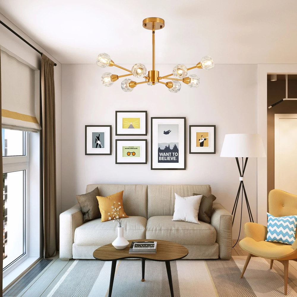 

Modern Crystal Chandeliers, 9 Lights Golden Chandelier for Living Room Bedroom, Dining Room Chandelier Over Table