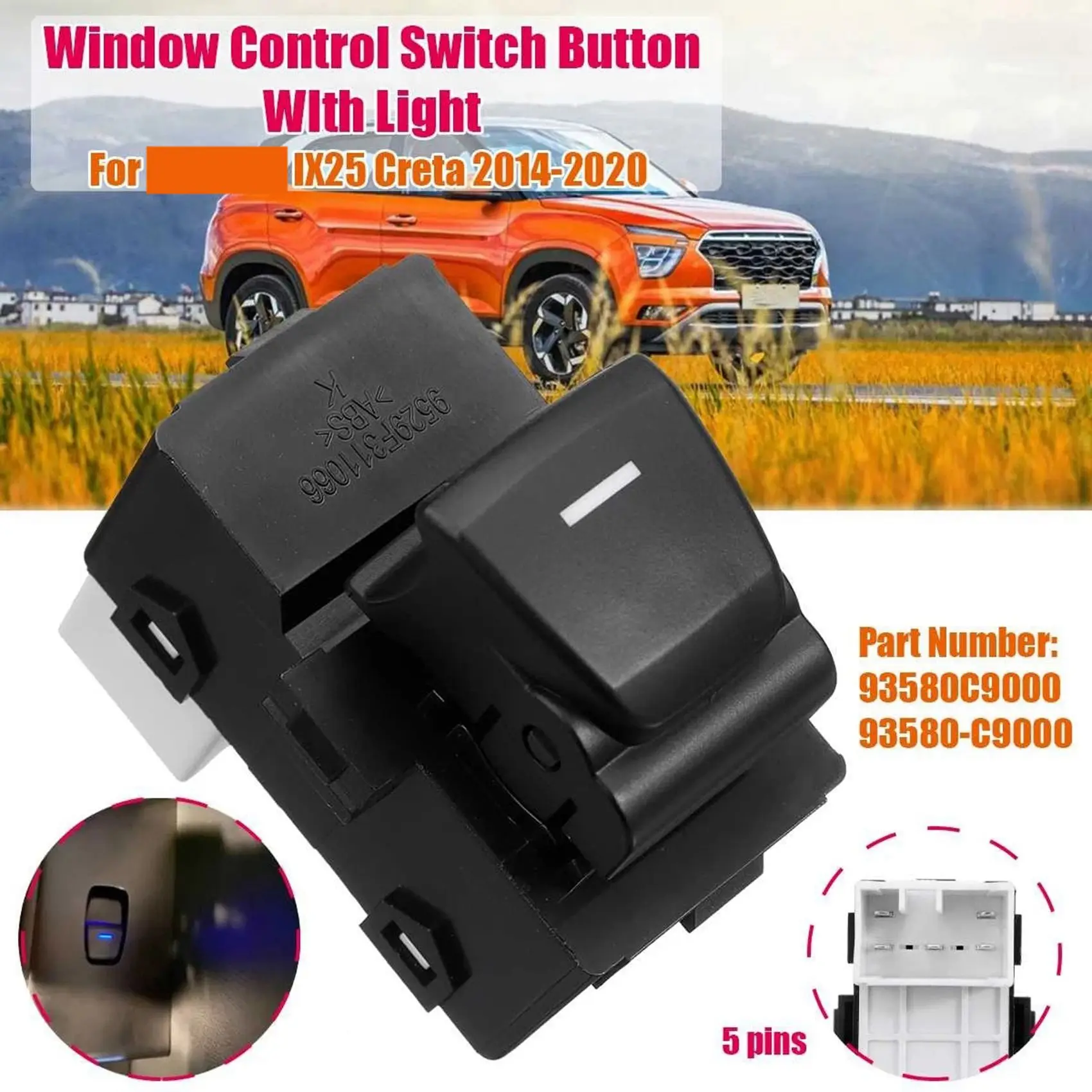 Car Window Glass Lifter Control Switch Button with Light Fit for Hyundai Creta IX25 2014-2020 93580C9000 93580-C9000