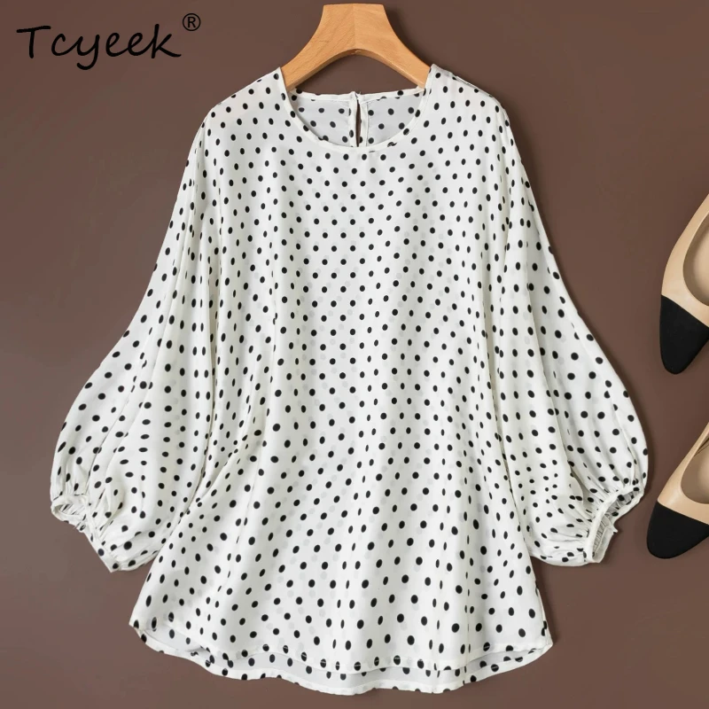 Tcyeek 93% Real Silk Women Shirt 2026 Spring Summer White Polka Dot Round Collar Stretch Loose Top Ladies Clothing Ropa De Mujer