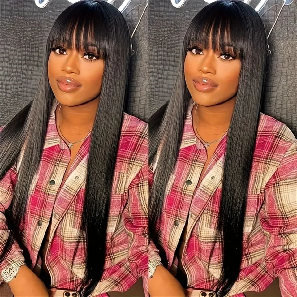 34inch Straight Lace Front Wigs With Bangs Density250 Can Be Dyed 13x4 Glueless Straight Lace Front Wig Human Hair Natural Color