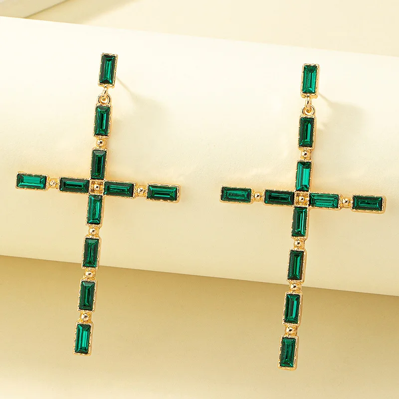 2024 Classic Jewelry Accessories Wholesale Long Green Black Baguette Gem Crystal Rhinestone Cross Earrings for Women