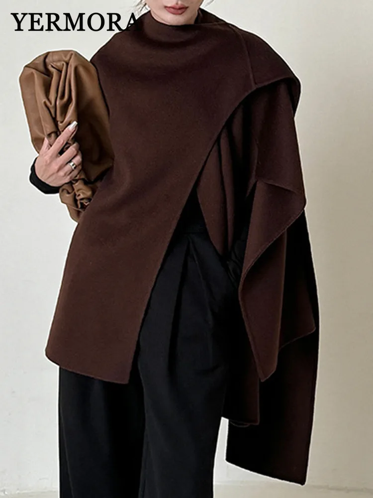 

YERMORA коричневое нерегулярное повседневное шерстяное пальто с шалью для женщин, свободное новое теплое пальто с длинными рукавами, модное пальто, осень-зима 2025
