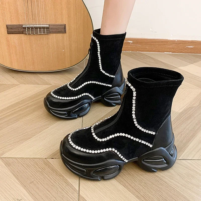 Winter Mid Heels Crystal Chelsea Boots Platform Ankle Women Luxury Shoes 2024 Fashion New Trend Zipper Brand Motorcycle Boots