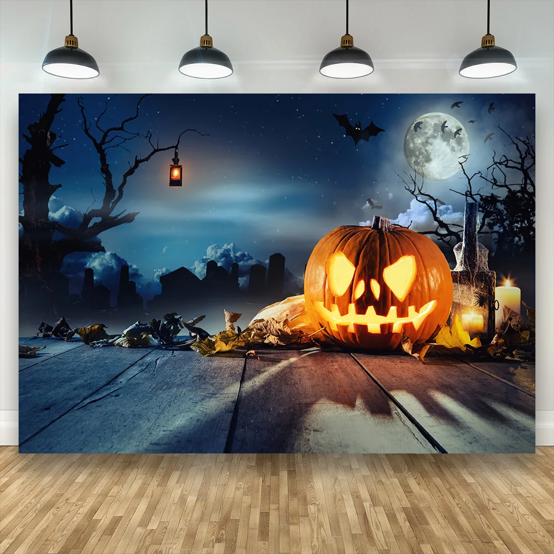 แจ็ค-O-โคมไฟฮาโลวีนฟักทองไวนิลพื้นหลังดวงจันทร์ค้างคาวไม้ฉากหลังปาร์ตี้ครอบครัวเด็ก Photo Studio Photozone