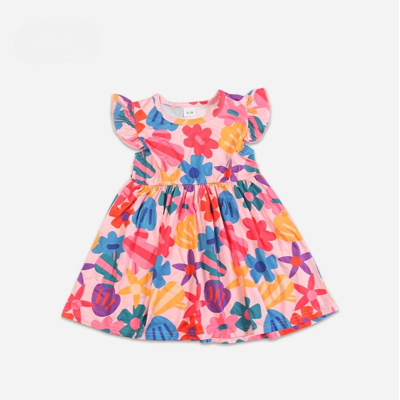 Sweet Floral Dress for Girls Summer Ruffle Edge Dress Fresh Cute Short Sleeve Dress for Kids Aged 3 To 8 Years Old