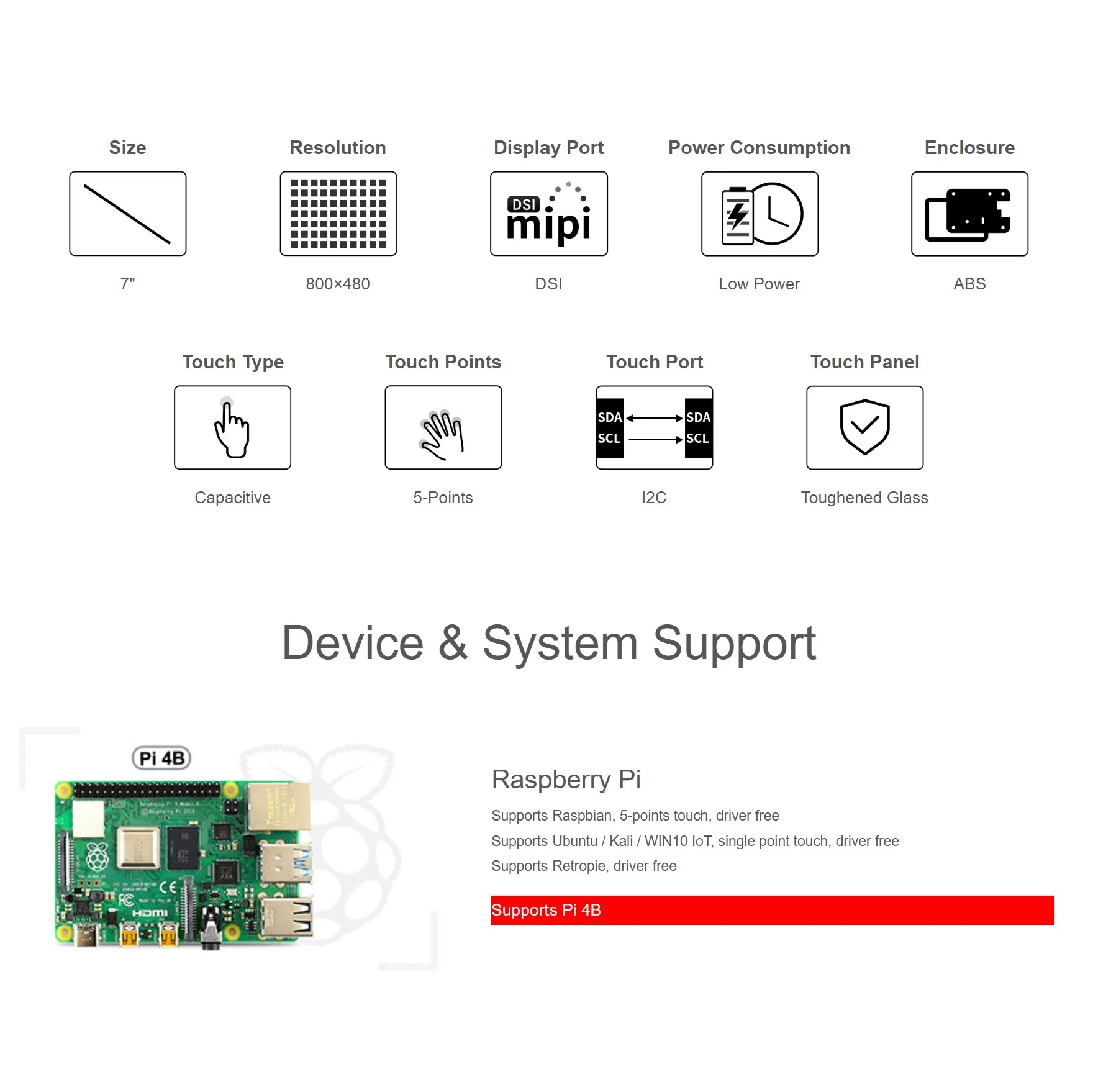 Pantalla táctil capacitiva de 7 pulgadas para Raspberry Pi con funda protectora Interfaz DSI 800 × 480