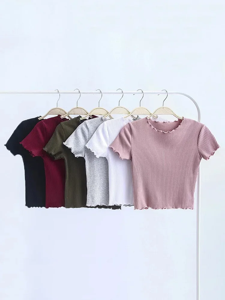 

Vintage Wood ears O neck Short sleeve T-shirt 2025 New Woman Slim Fit t shirt tight tee Summer Retro Tops 6 colors