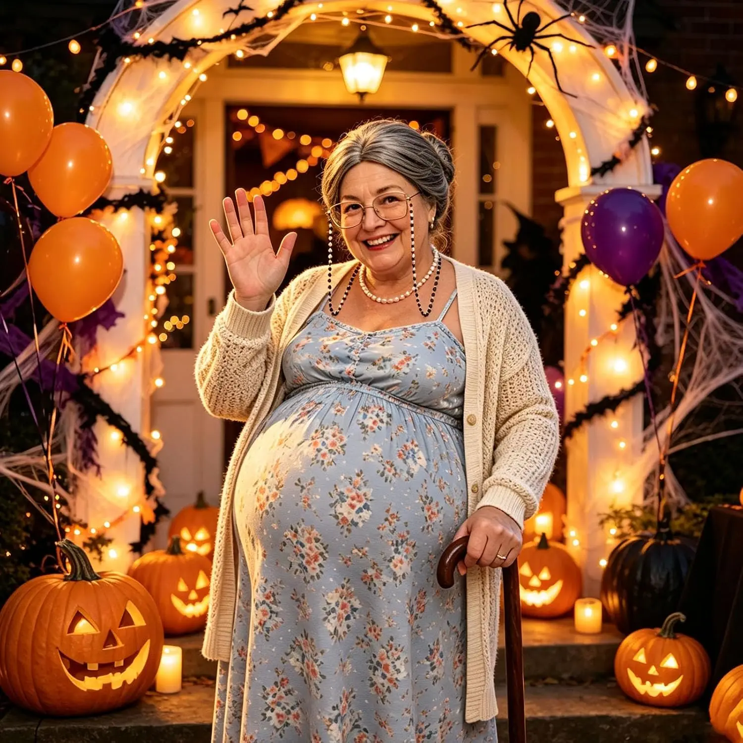 Fat Old Lady Costume Set Fake Belly and Chest Fat Suit for Adults with Grey Wig, Pearl Necklace Glasses Funny Halloween Costume - view 5
