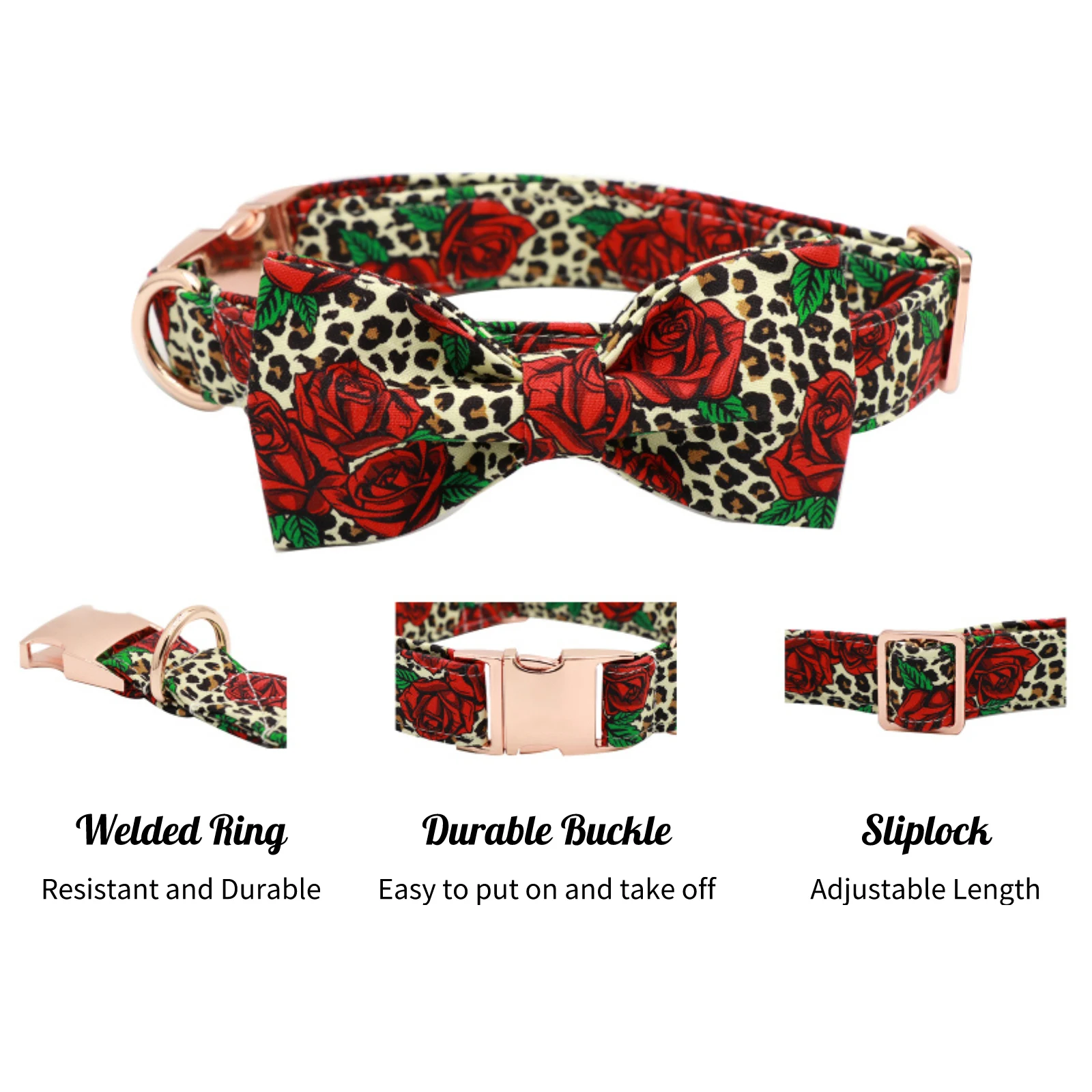 Elegant little tail Dog Collar, Red Rose Dog Collar with Flower, Cute Floral Pattern Pet Collar Adjustable Dog Collar