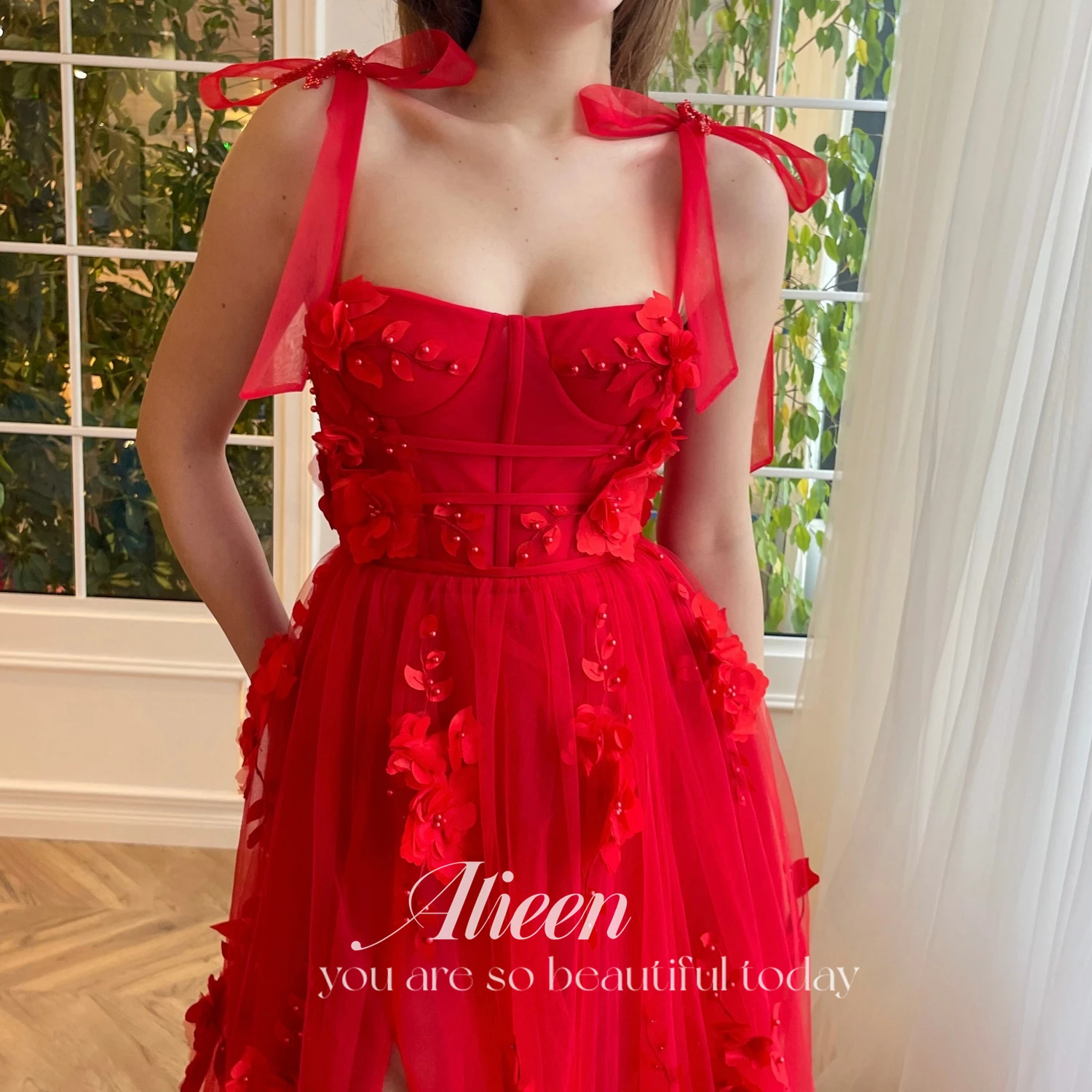 Aileen Red Tulle Prom Gowns For Women 3d Flower Spaghetti Strap Long Evening Dresses Prom Party Bridesmaid Gowns customized