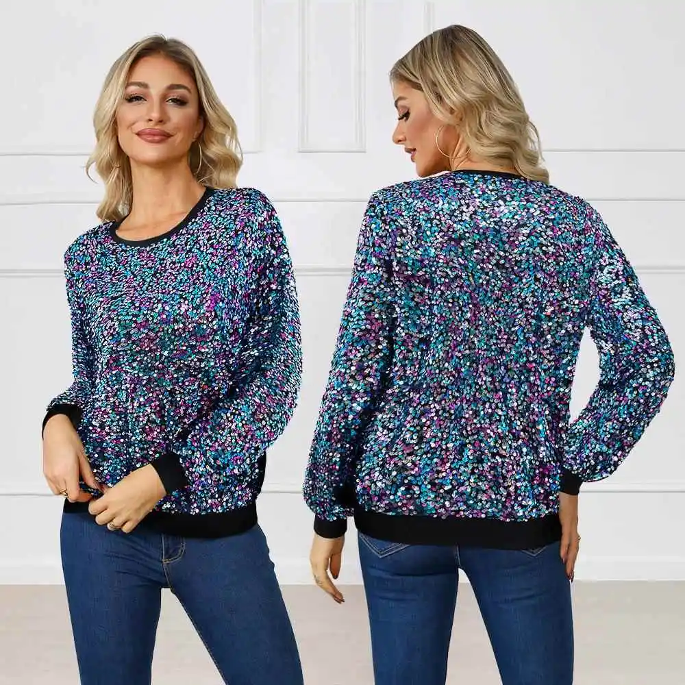 

Блестящая толстовка с круглым вырезом и длинными рукавами, элегантный дизайн с изображением звездного моря, женская модная одежда для осени и зимы.