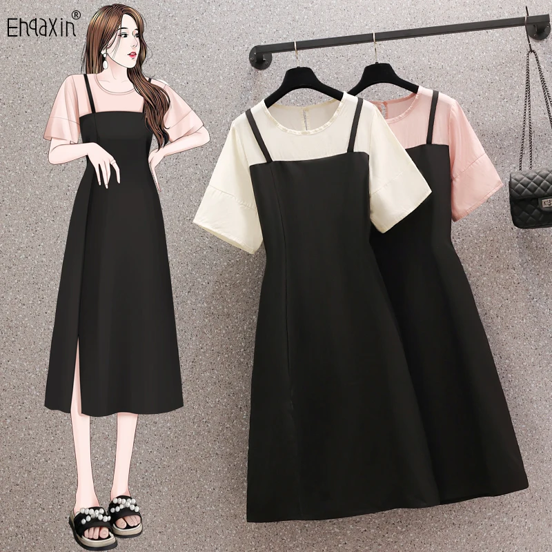 

EHQAXIN New Ladies Dress 2024 Summer Simple Temperament Strap Patchwork Contrast Short Sleeve Loose Dresses For Womens M-4XL