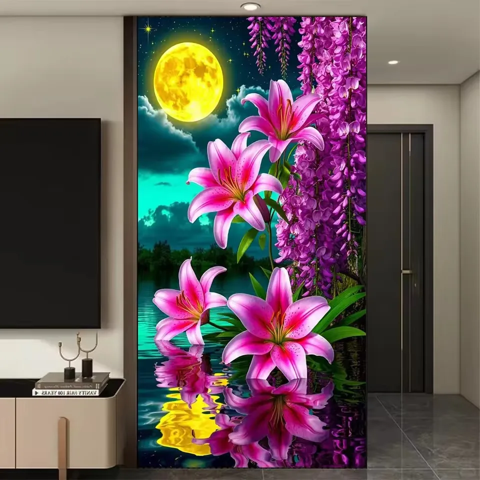 

Алмазная вышивка 5D: Набор для творчества «Луна и разноцветные цветы» (полностью квадратные/круглые стразы), декор для дома, мозаика