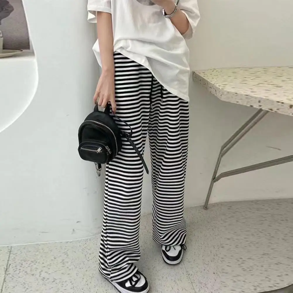 Women Wide Leg Pants Black White Stripes Print Pants Korean Version Drawstring Straight Leg Loose Long Trousers Casual Pants