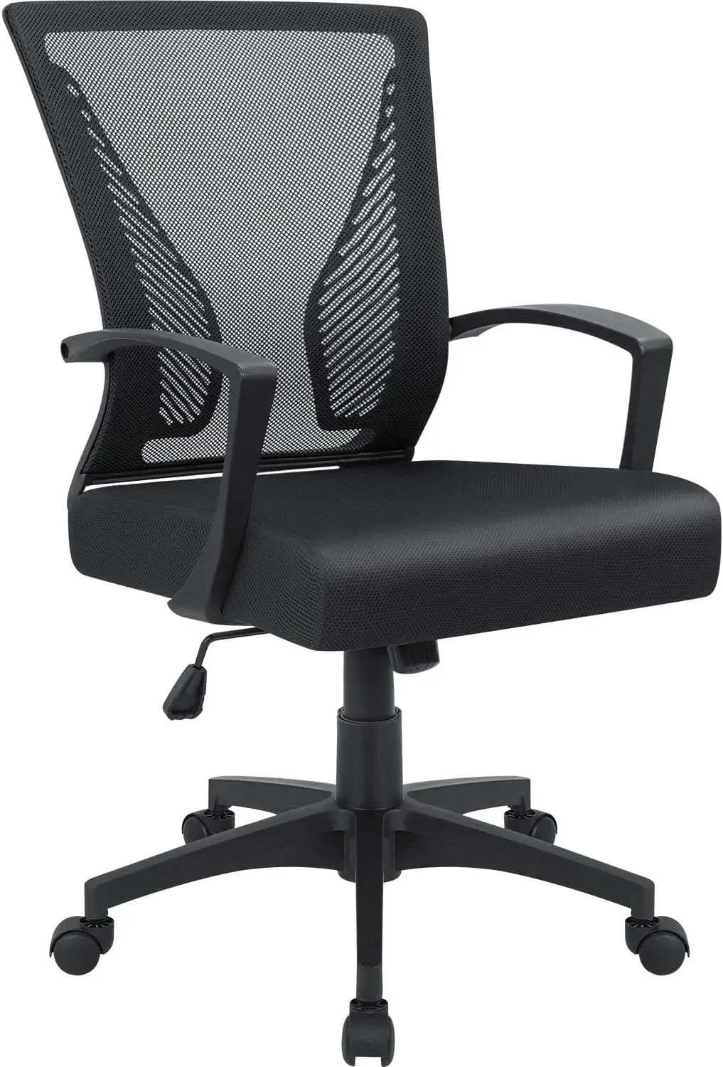 Silla de oficina con respaldo medio, silla de escritorio con soporte lumbar giratorio, malla ergonómica para computadora con reposabrazos (negro)