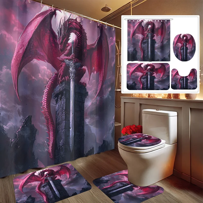 

4pcs Dragon Judgment Printed Shower Curtain Set, Decorative Bathroom Set Includes Shower Curtain, Non-Slip Floor Mat, Toilet